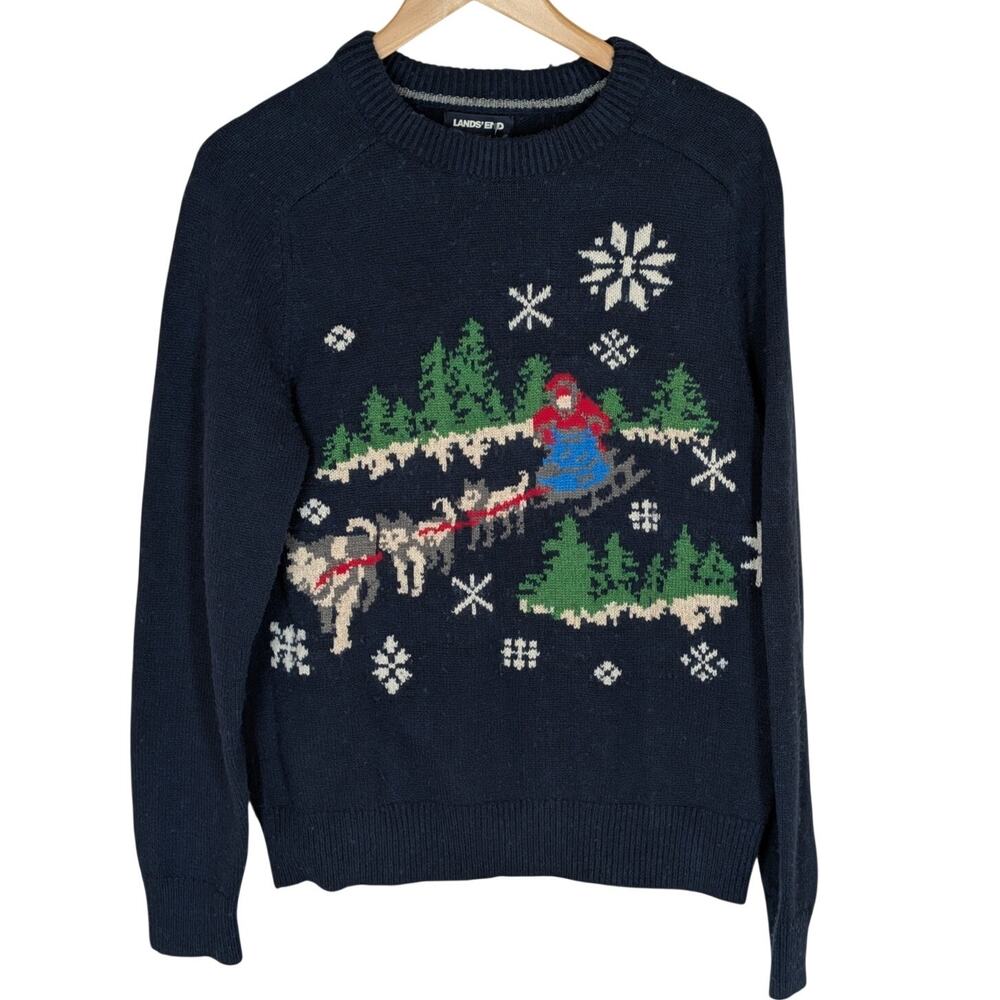 Lands End Mens Medium Intarsia Knit Holiday Sweater Sled Dogs Winter Vintage